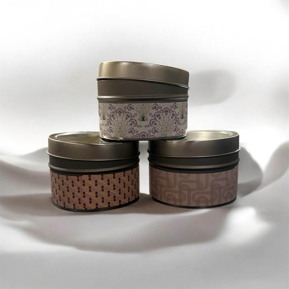 3 Small Tins With Lids And Paper Wrap With Decoration